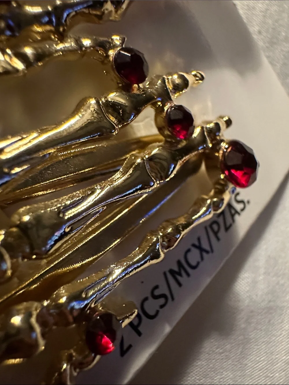 Gold-toned Skeleton Hair Clips with Red Gemstone Accents - Halloween Accessory
